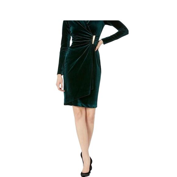 NWT CALVIN KLEIN WOMENS 10 VELVET WRAP LONG SLEEVE DRESS GREEN 80s HOLIDAY - Picture 4 of 9